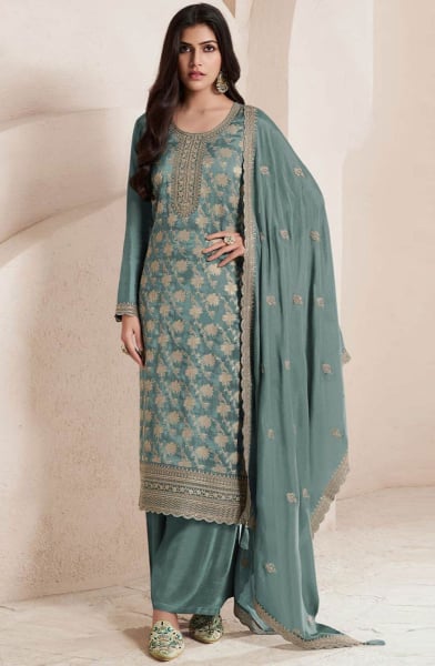 Teal Mint Embroidered Viscose Jacquard Silk Palazzo Kameez