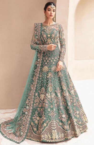 Teal Mint Heavy Embroidered Net Anarkali Dress for Festival