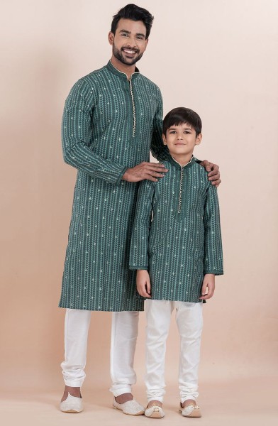 Teal Mint Jacquad Silk Kurta Set Combo