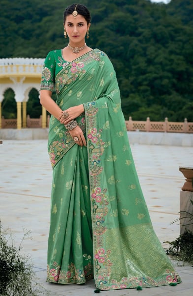 Teal Mint Khatli Work Designer Silk Saree