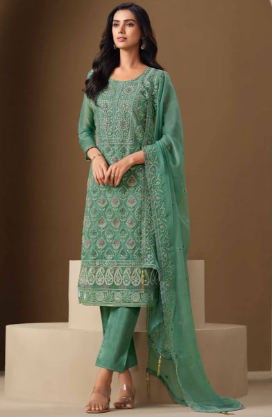 Teal Mint Lakhnavi Embroidered Chiffon Plus Size Suit