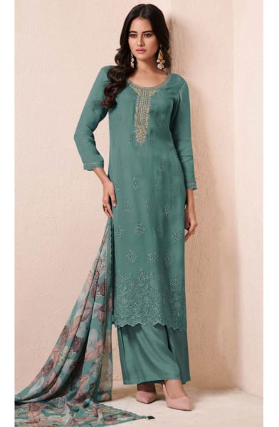 Teal Mint Schiffli Work Organza Palazzo Kameez