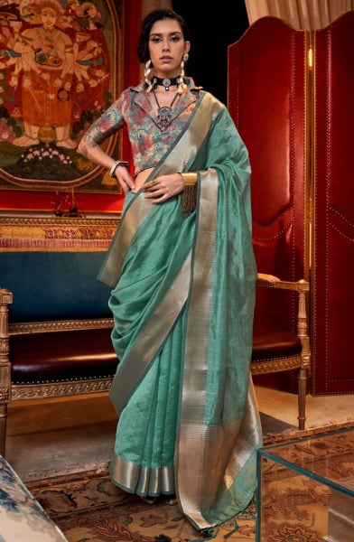 Teal Mint Woven Moss Chiffon Saree