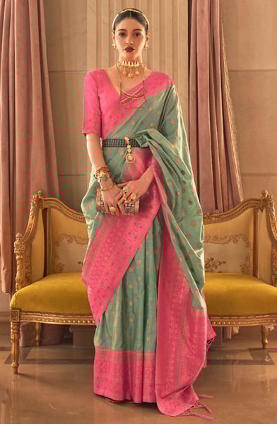Teal Mint Zari Woven Handloom Silk Saree