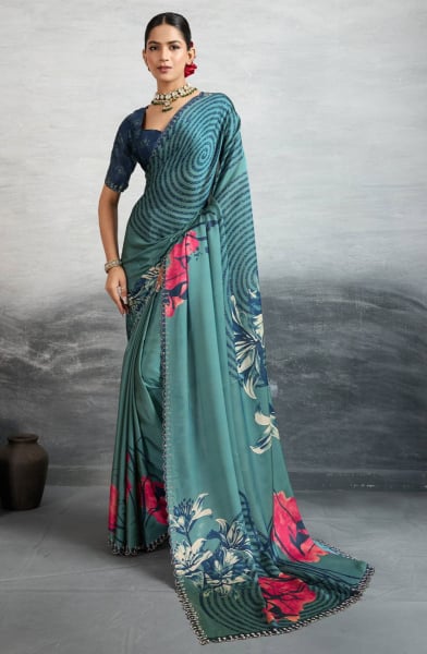 Timeless Blue Satin Silk Saree with Digital Prints