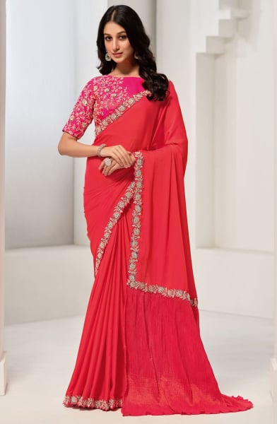 Tomato Red Designer Embroidered Saree