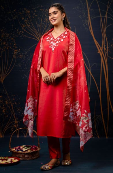 Tomato Red Embroidered Shimmer Silk Readymade Suit
