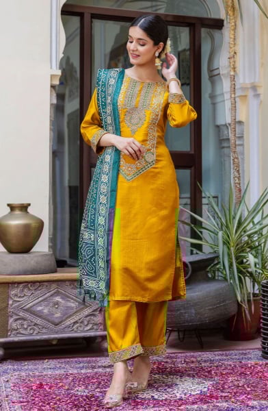 Turmeric Yellow Embroidered Silk Blend Readymade Suit
