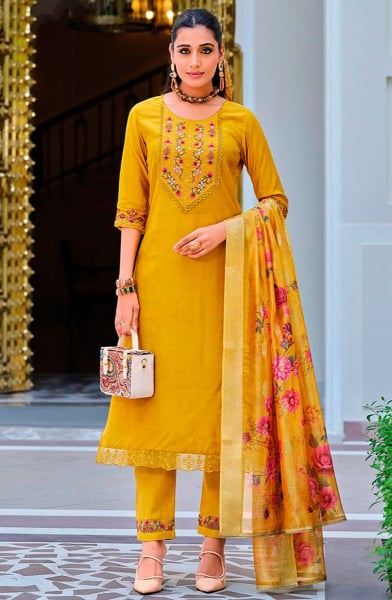 Turmeric Yellow Embroidered Viscose Readymade Suit