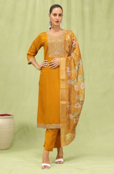 Turmeric Yellow Embroidered Viscose Roman Silk Readymade Suit