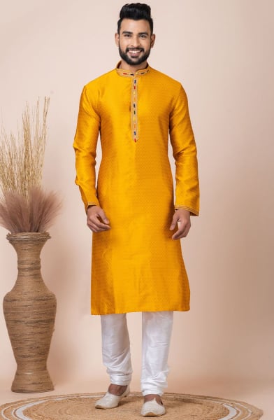 Turmeric Yellow Jacquard Silk Kurta Set