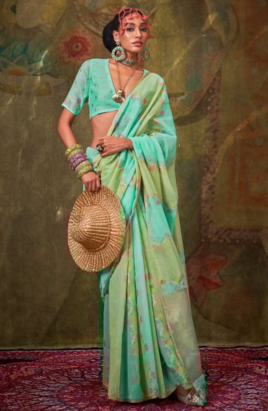 Turquoise and Mint Green Pure Spun Rangkaat Weaving Saree