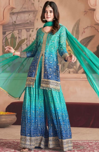 Turquoise and Royal Blue Embroidered Chinnon Palazzo Kameez