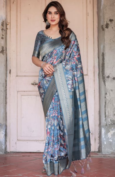 Turquoise Banarasi Silk Saree