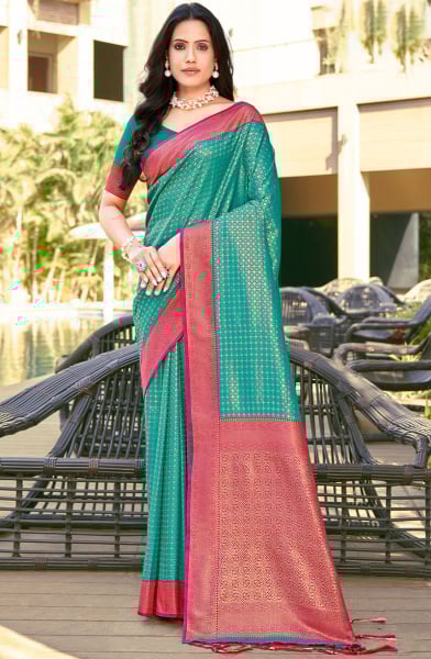Turquoise Banarasi Silk Woven Saree