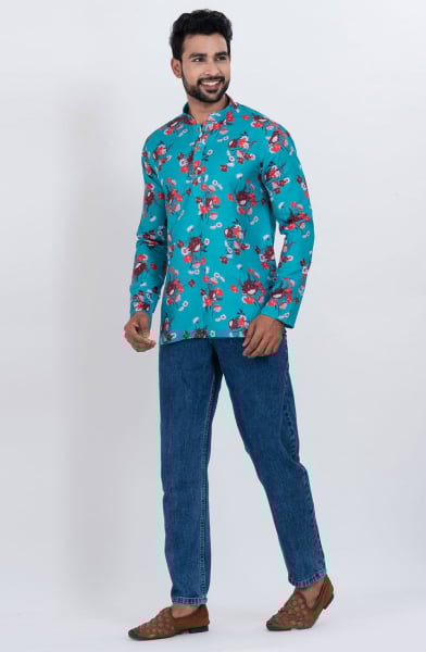 Turquoise Cotton Digital Printed Kurta for Festival
