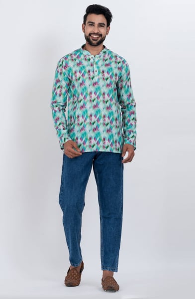 Turquoise Cotton Digital Printed Kurta for Festival