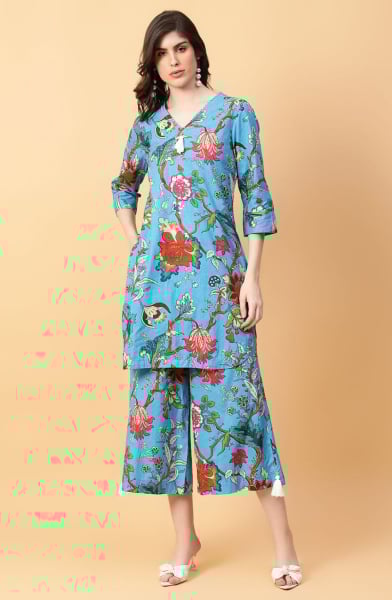 Turquoise Cotton Printed Co-Ord Set