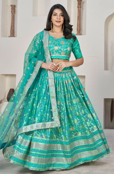 Turquoise Dola Jacquard Lehenga Choli with Net Dupatta