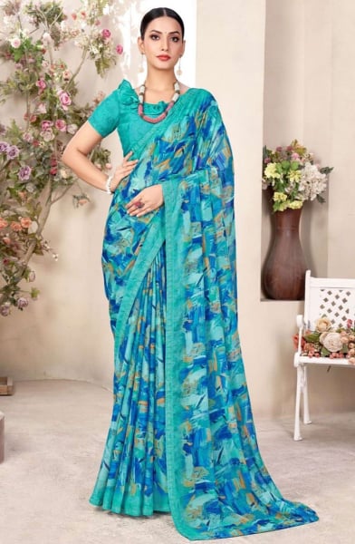 Turquoise Embellished Chiffon Saree