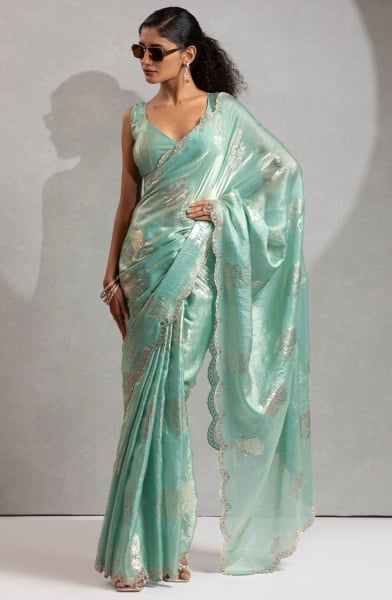 Turquoise Embellished Satin Silk Saree