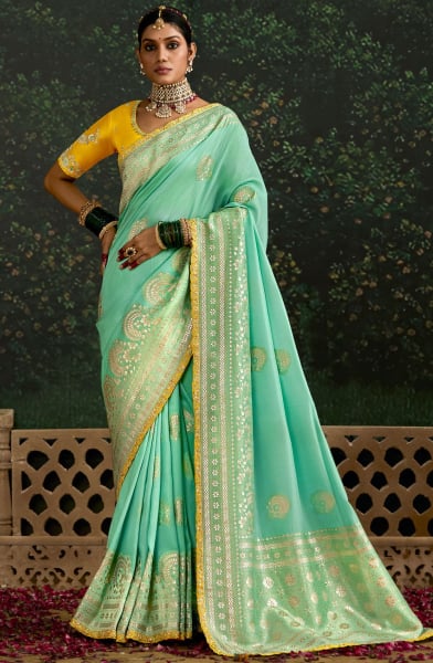 Turquoise Embroidered Dola Silk Designer Saree