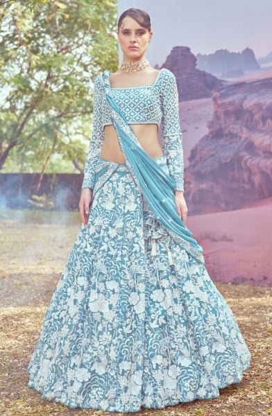 Turquoise Georgette Heavy Designer Lehenga Choli Set for Wedding
