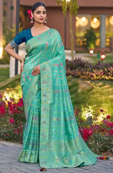 Turquoise Gharchola Style Woven Dola Silk Saree
