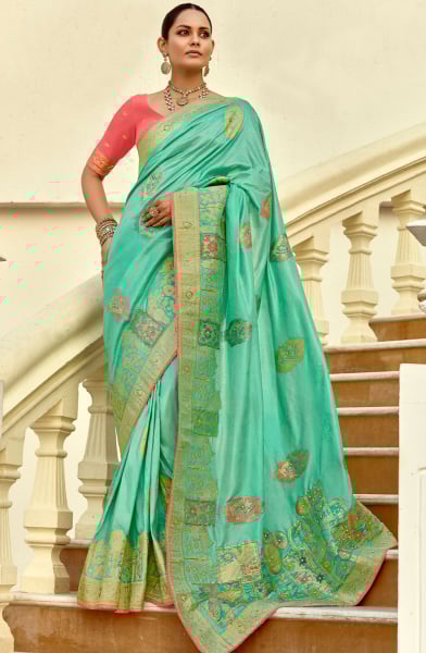 Turquoise Handwork Dola Silk Saree