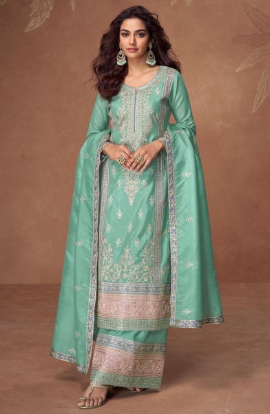 Turquoise Heavy Embroidered Organza Shimmer Silk Palazzo Kameez