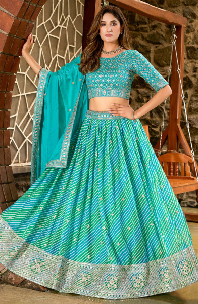 Turquoise Leheriya Print Georgette Lehenga Choli