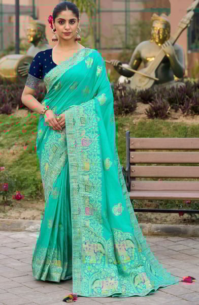 Turquoise Meenakari Weaving Pure Dola Silk Saree