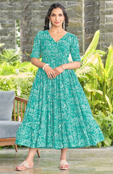 Turquoise Printed Rayon Long Kurta