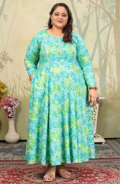 Turquoise Printed Rayon Plus Size Gown