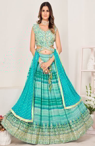 Turquoise Pure Viscose Georgette Lehenga Choli for Wedding