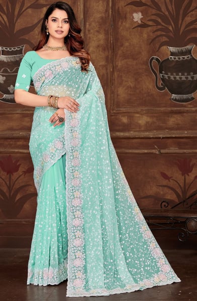 Turquoise Resham Embroidered Georgette Saree