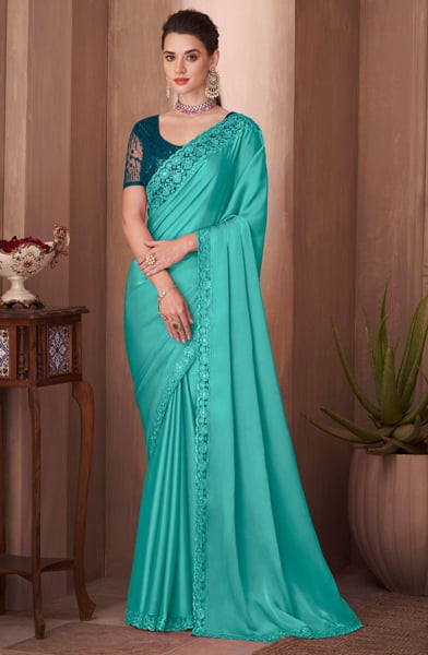 Turquoise Silk Saree with Embroidered Blouse