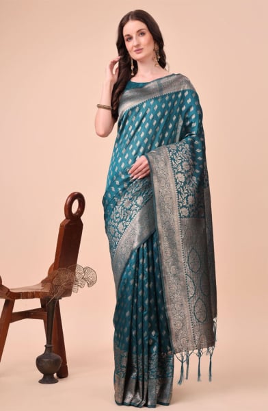 Turquoise Silk Zari Woven Saree
