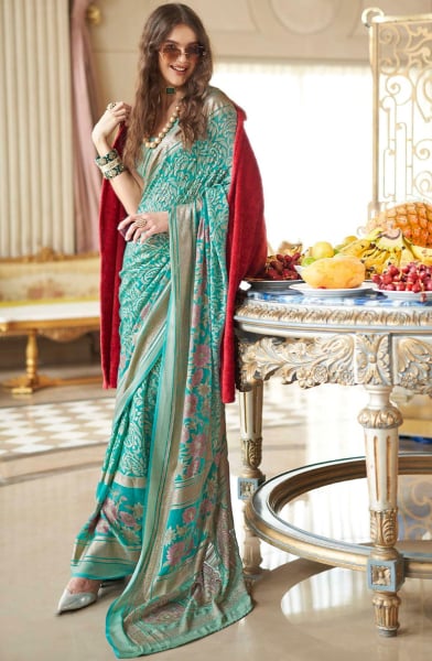 Turquoise Viscose Georgette Saree with Foil Print