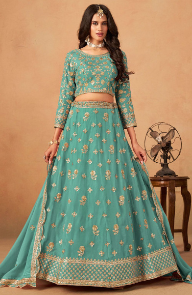 Turquoise Zari Embroidered Organza Lehenga Choli