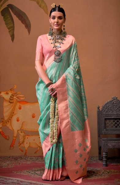 Turquoise Zari Weaving Silk Saree