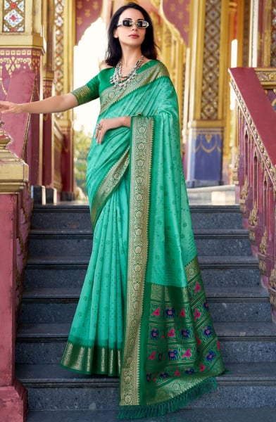 Turquoise Zari Woven Tussar Handloom Silk Saree