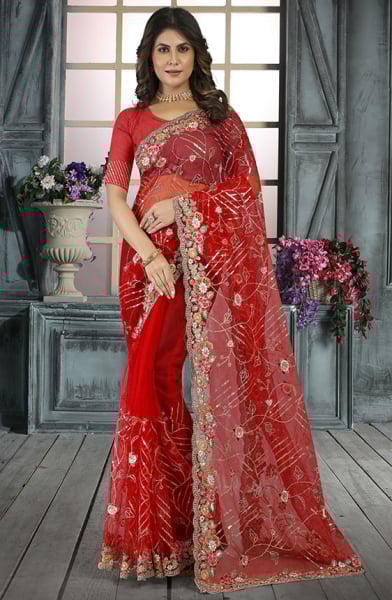 Vermilion Red Resham Embroidered Net Saree