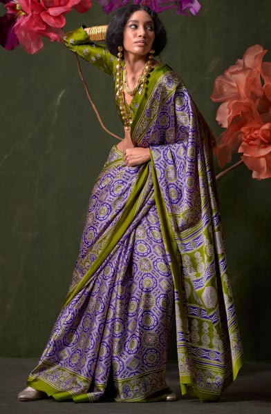 Violet Ajrakh Print Satin Crepe Saree