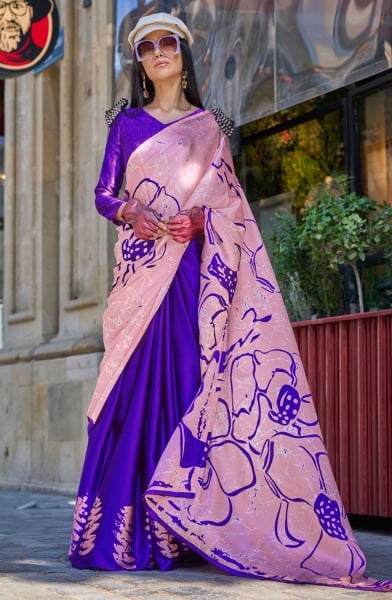Violet and Rose Pink Digital Print Satin Crepe Saree