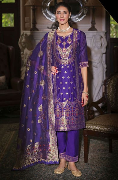 Violet Banarasi Silk Pant Kameez with Weaving