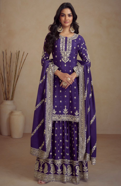 Violet Embroidered Chinnon Designer Palazzo Kameez