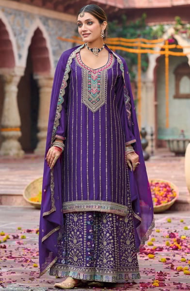 Violet Embroidered Chinnon Readymade Palazzo Kameez