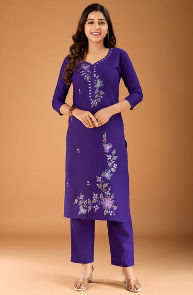Violet Embroidered Cotton Kurti with Pant