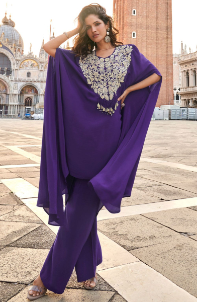 Violet Embroidered Crepe Silk Kaftan with Palazzo